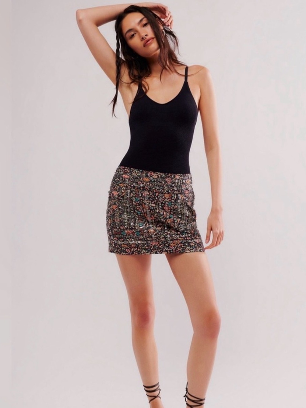 Free People Floral Sequined Mini Skirt in Black Multi